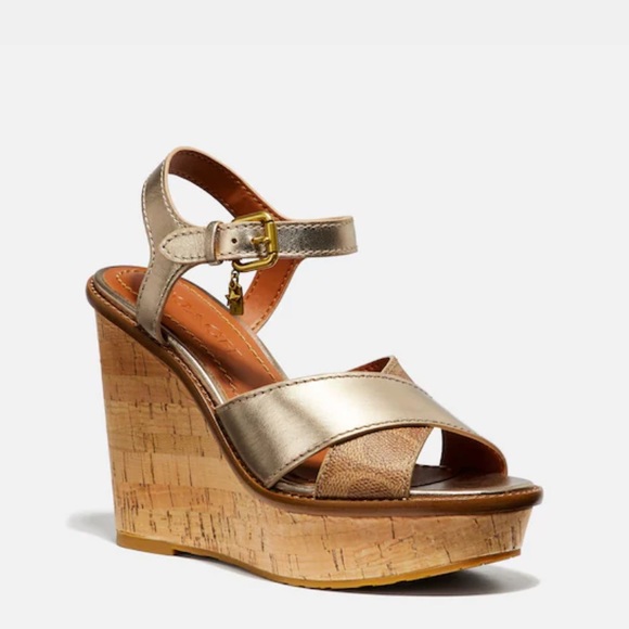 Coach Cross Band High Wedge Sandal 9 - Picture 1 of 15